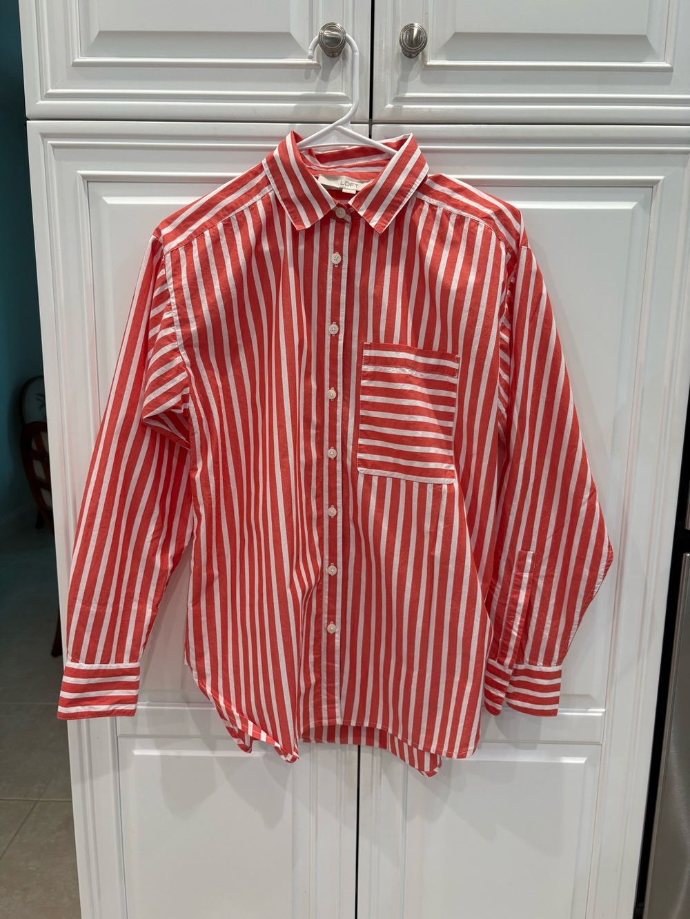 LOFT Orange and White Striped Button-Down Shirt, Relaxed fit. XS